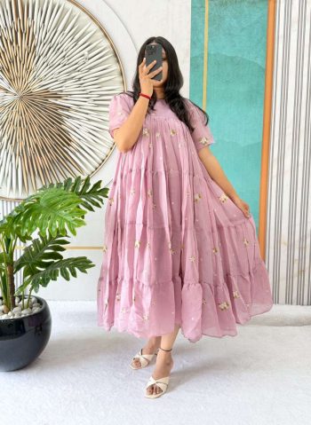 FANCY MUL COTTON CHANDERI EMBROIDERY WORK ONE PIECE DRESS LAVENDER