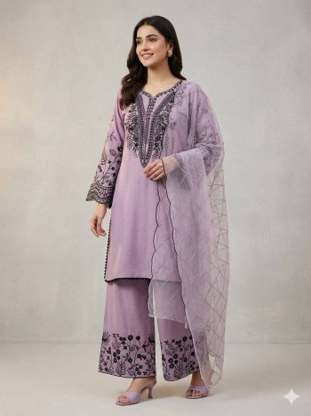 FANCY MUL COTTON SEQUENCE EMBROIDERY WORK TOP PALAZZO WITH DUPATTA PURPLE