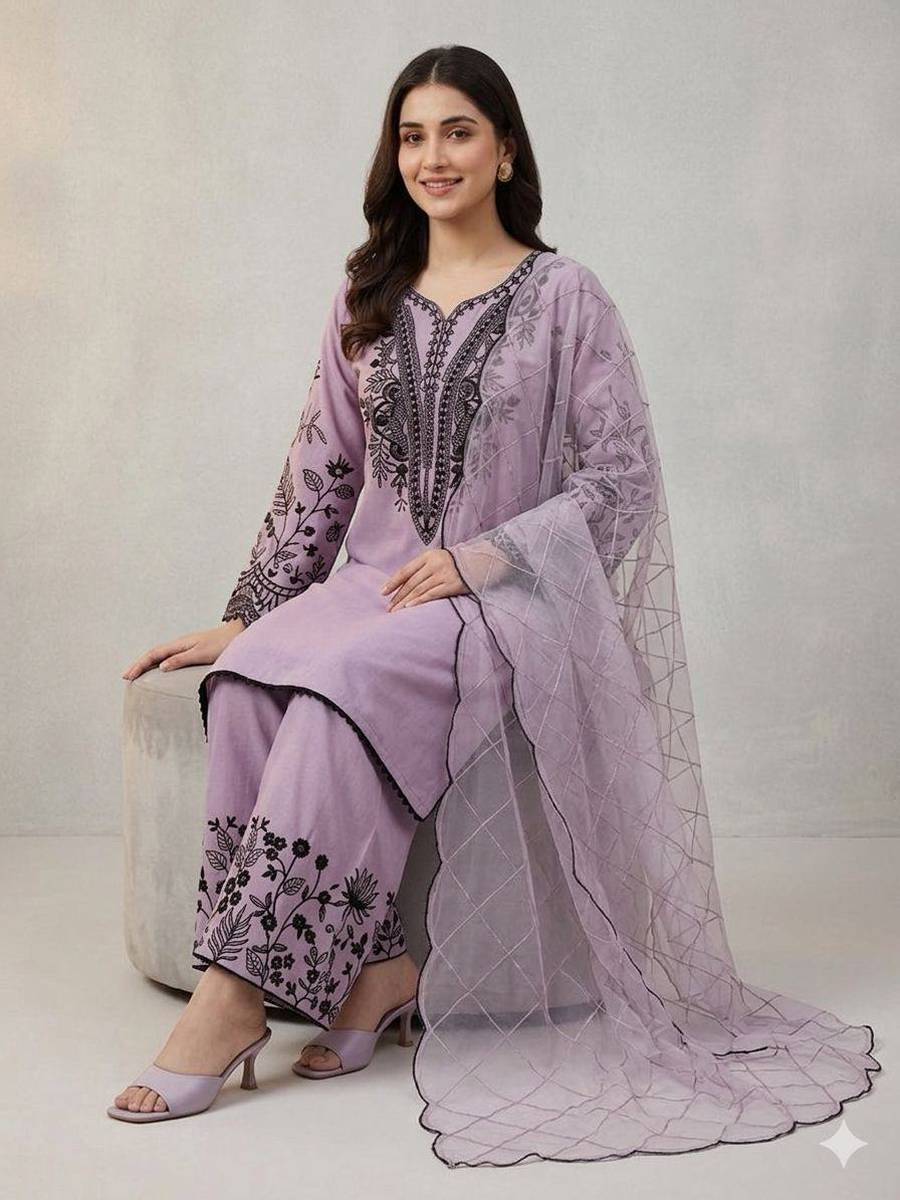 FANCY MUL COTTON SEQUENCE EMBROIDERY WORK TOP PALAZZO WITH DUPATTA FESTIVE WEAR WHOLESALE PRICE ETHNIC GARMENT (33)