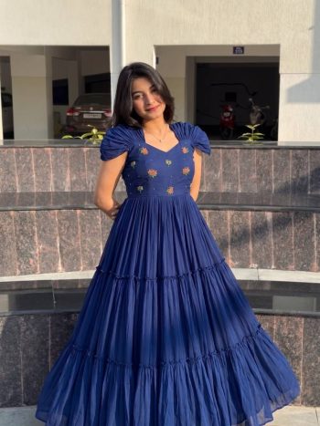 FANCY MUL MUL COTTON MAGGAM WORK ONE PIECE DRESS NAVY BLUE