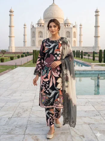 FANCY MUSLIN PRINTED WITH EMBROIDERY AND CUT WORK TOP BOTTOM WITH DUPATTA BLACK