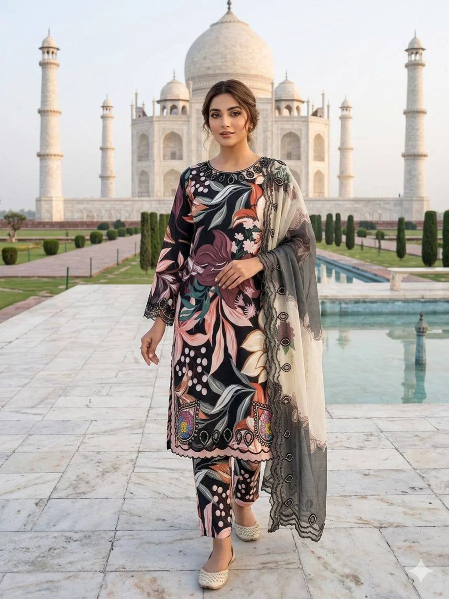 FANCY MUSLIN PRINTED WITH EMBROIDERY AND CUT WORK TOP BOTTOM WITH DUPATTA FESTIVE WEAR WHOLESALE PRICE ETHNIC GARMENT (3)