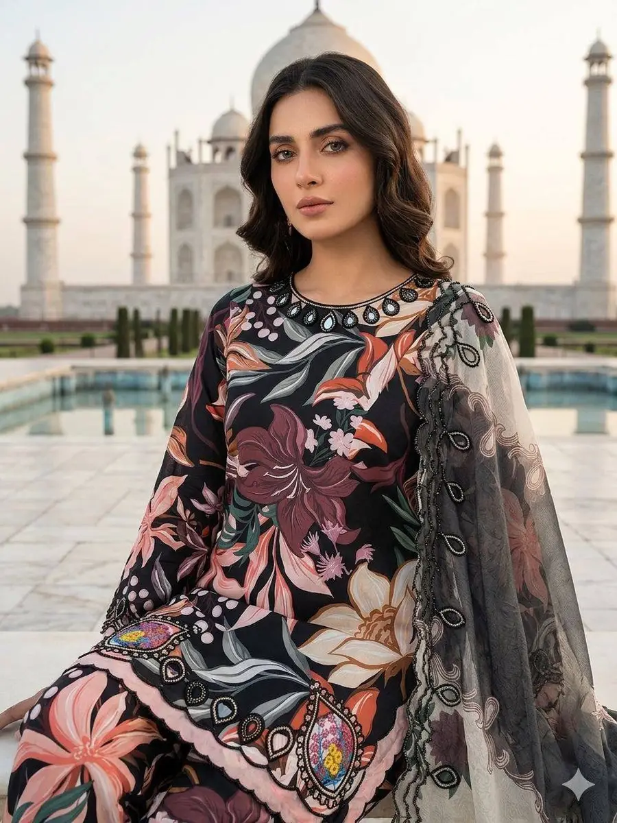 FANCY MUSLIN PRINTED WITH EMBROIDERY AND CUT WORK TOP BOTTOM WITH DUPATTA FESTIVE WEAR WHOLESALE PRICE ETHNIC GARMENT (5)