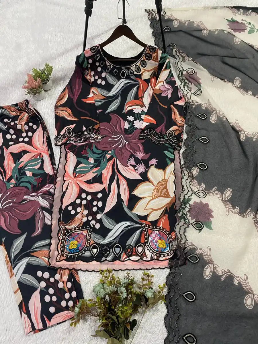 FANCY MUSLIN PRINTED WITH EMBROIDERY AND CUT WORK TOP BOTTOM WITH DUPATTA FESTIVE WEAR WHOLESALE PRICE ETHNIC GARMENT (6)
