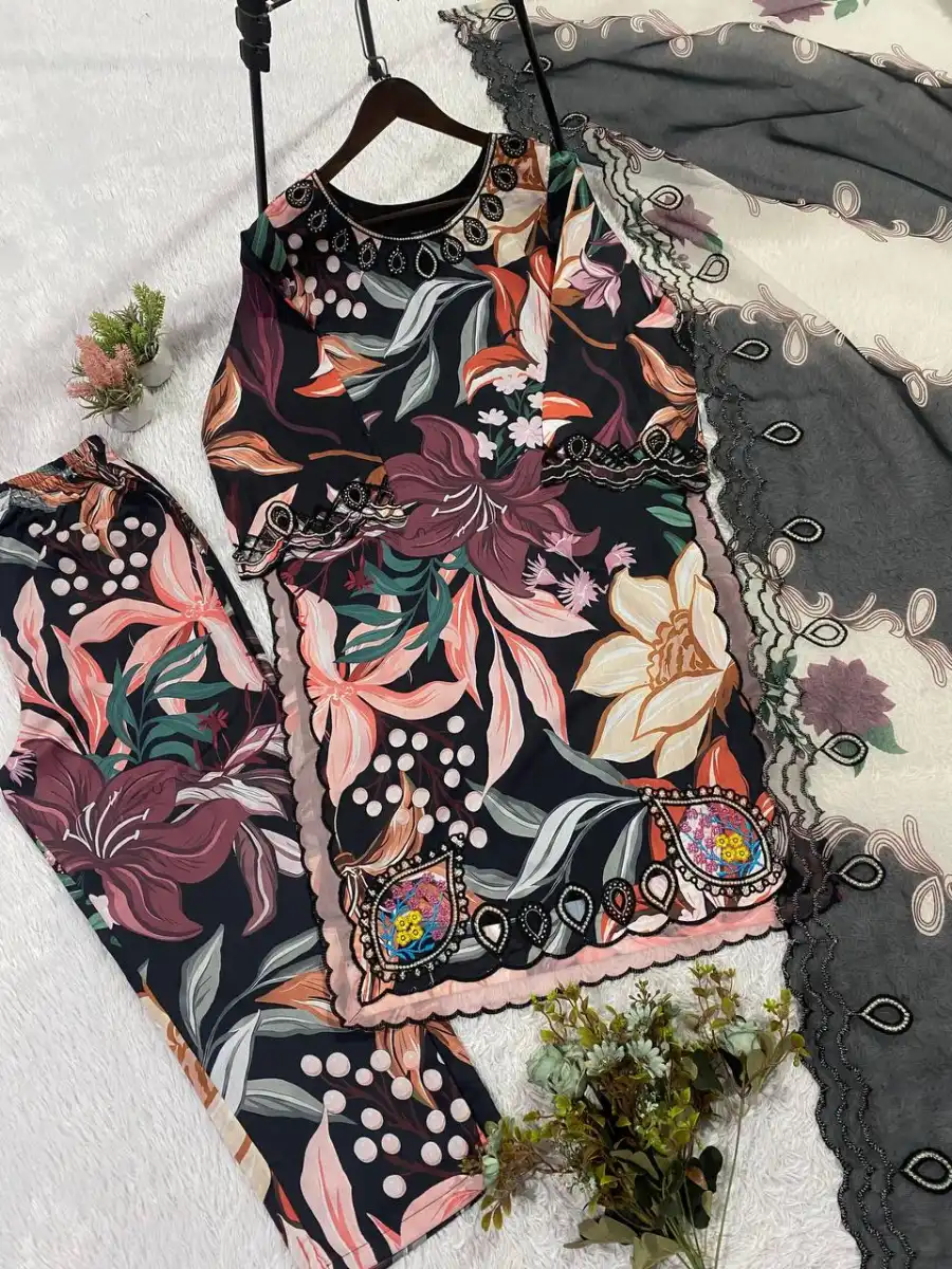 FANCY MUSLIN PRINTED WITH EMBROIDERY AND CUT WORK TOP BOTTOM WITH DUPATTA FESTIVE WEAR WHOLESALE PRICE ETHNIC GARMENT (8)
