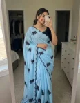 FANCY RANGOLI SILK EMBROIDERY THREAD WITH SEQUENCE WORK SCALLOPED CUTWORK SAREE WITH UNSTITCHED BLOUSE SKY