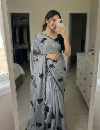 FANCY RANGOLI SILK EMBROIDERY THREAD WITH SEQUENCE WORK SCALLOPED CUTWORK SAREE WITH UNSTITCHED BLOUSE GREY