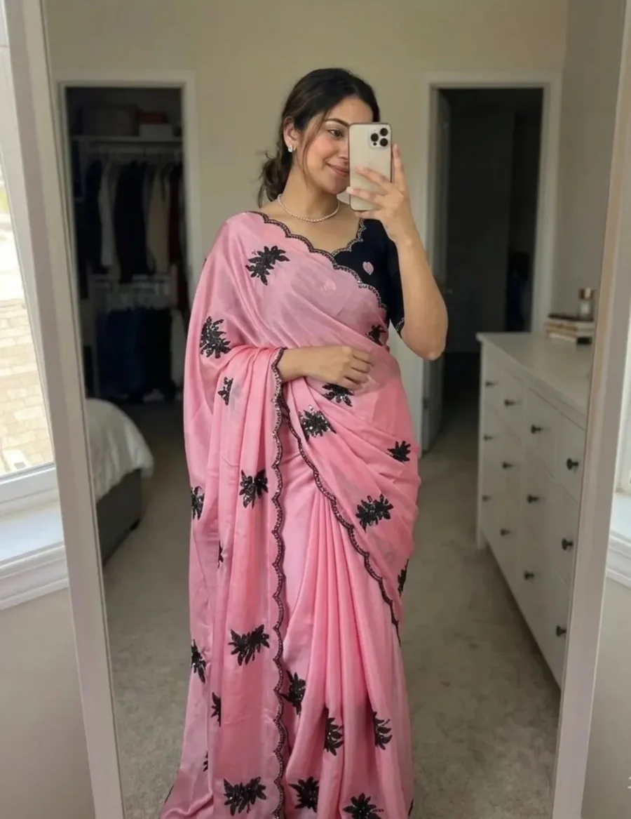FANCY RANGOLI SILK EMBROIDERY THREAD WITH SEQUENCE WORK SCALLOPED CUTWORK SAREE WITH UNSTITCHED BLOUSE FESTIVE WEAR WHOLESALE PRICE ETHNIC GARMENT (3)