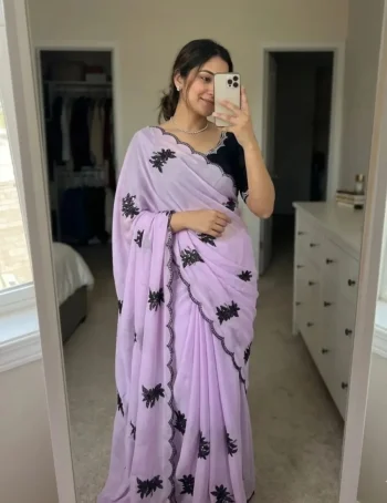 FANCY RANGOLI SILK EMBROIDERY THREAD WITH SEQUENCE WORK SCALLOPED CUTWORK SAREE WITH UNSTITCHED BLOUSE LAVENDER