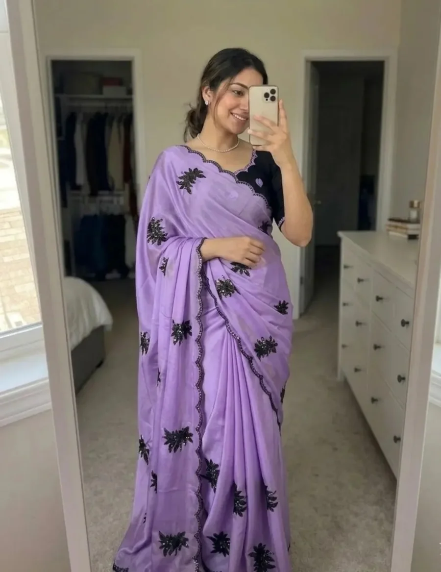 FANCY RANGOLI SILK EMBROIDERY THREAD WITH SEQUENCE WORK SCALLOPED CUTWORK SAREE WITH UNSTITCHED BLOUSE FESTIVE WEAR WHOLESALE PRICE ETHNIC GARMENT (6)