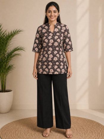 FANCY  RAYON DIGITAL PRINT WORK TOP PALAZZO SET BROWN