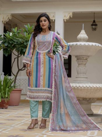 FANCY RAYON SLUB DIGITAL PRINTED COTTON LACE WORK TOP BOTTOM WITH DUPATTA SKY