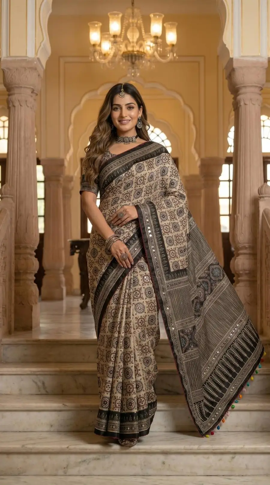 FANCY ROMAN SILK AJARAKH PRINT AND REAL MIRROR AND PIPING BORDER & PALLU ALSO KODI LATKAN WORK SAREE WITH UNSTITCHED BLOUSE FESTIVE WEAR WHOLESALE PRICE ETHNIC GARMENT (2)