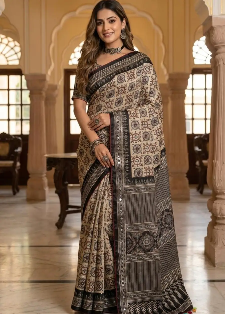 FANCY ROMAN SILK AJARAKH PRINT AND REAL MIRROR AND PIPING BORDER & PALLU ALSO KODI LATKAN WORK SAREE WITH UNSTITCHED BLOUSE FESTIVE WEAR WHOLESALE PRICE ETHNIC GARMENT (4)