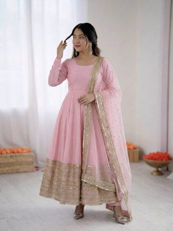 FANCY ROMAN SILK CODING SEQUENCE WORK GOWN BOTTOM WITH DUPATTA BABY PINK