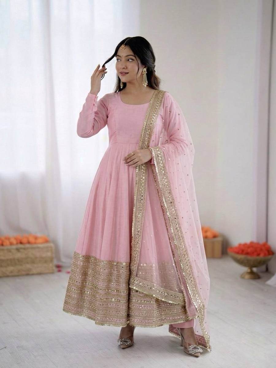 FANCY ROMAN SILK CODING SEQUENCE WORK GOWN BOTTOM WITH DUPATTA FESTIVE WEAR WHOLESALE PRICE ETHNIC GARMENT (2)