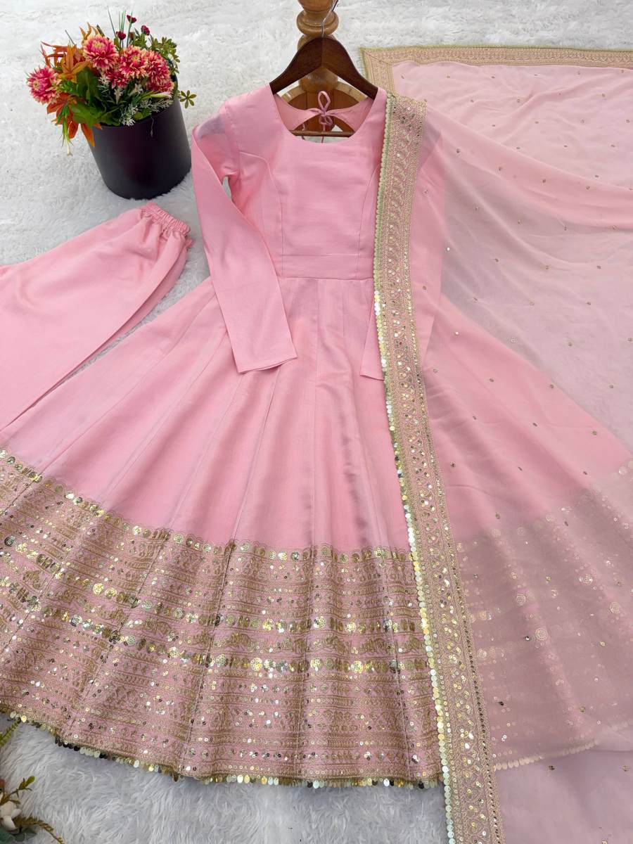FANCY ROMAN SILK CODING SEQUENCE WORK GOWN BOTTOM WITH DUPATTA FESTIVE WEAR WHOLESALE PRICE ETHNIC GARMENT (7)
