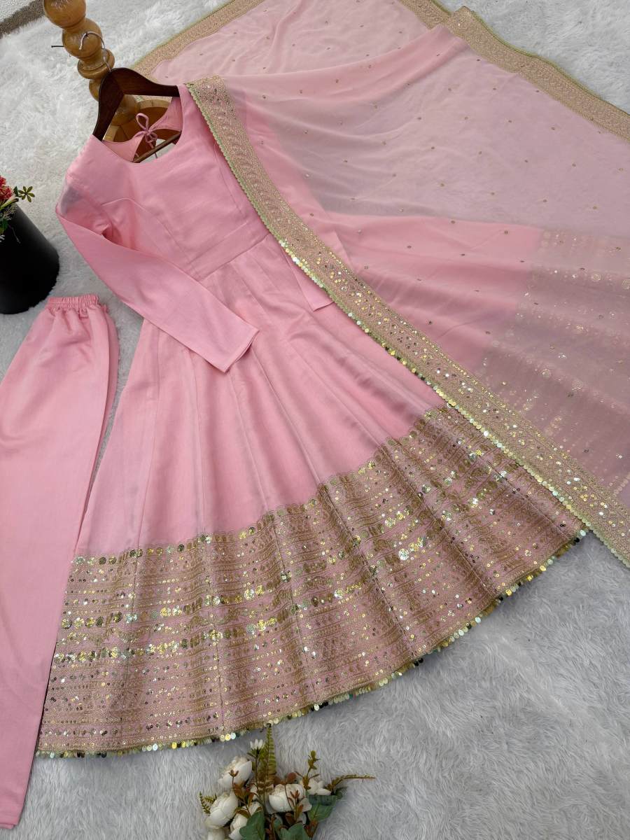 FANCY ROMAN SILK CODING SEQUENCE WORK GOWN BOTTOM WITH DUPATTA FESTIVE WEAR WHOLESALE PRICE ETHNIC GARMENT (9)