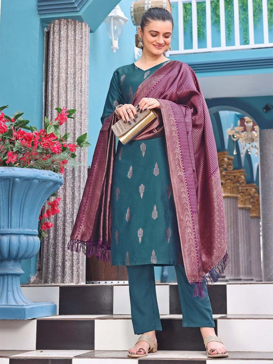 FANCY SILK WEAVING WORK TOP BOTTOM WITH DUPATTA FESTIVE WEAR WHOLESALE PRICE ETHNIC GARMENT (1)