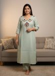 FANCY SLUB COTTON EMBROIDERY WORK ON NECK &  WITH MIRROR WORK TOP PENT SET PISTA