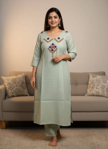 FANCY SLUB COTTON EMBROIDERY WORK ON NECK &  WITH MIRROR WORK TOP PENT SET PISTA