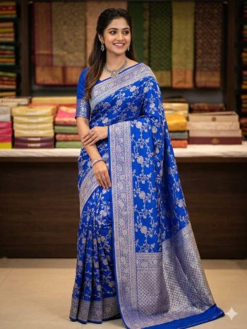 FANCY SOFT SILK ZARI WOVEN WORK SAREE WITH UNSTITCHED BLOUSE BLUE