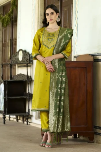 FANCY TESLA EMBROIDERED WORK TOP BOTTOM WITH DUPATTA MUSTARD