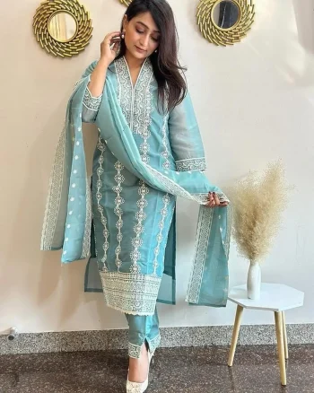 FANCY VICHITRA EMBROIDERED WORK TOP BOTTOM WITH DUPATTA SKY