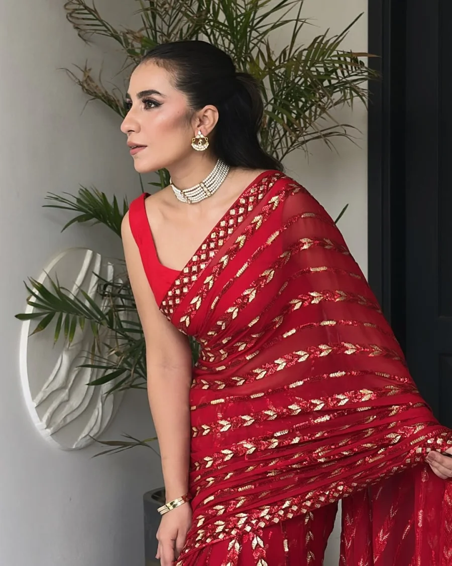 FASHIONABLE GEORGETTE EMBROIDERY SEQUENCE WORK SAREE WITH UNSTITCHED BLOUSE PARTY WEAR WHOLESALE PRICE ETHNIC GARMENT (2)