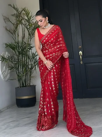 FASHIONABLE GEORGETTE EMBROIDERY SEQUENCE WORK SAREE WITH UNSTITCHED BLOUSE RED