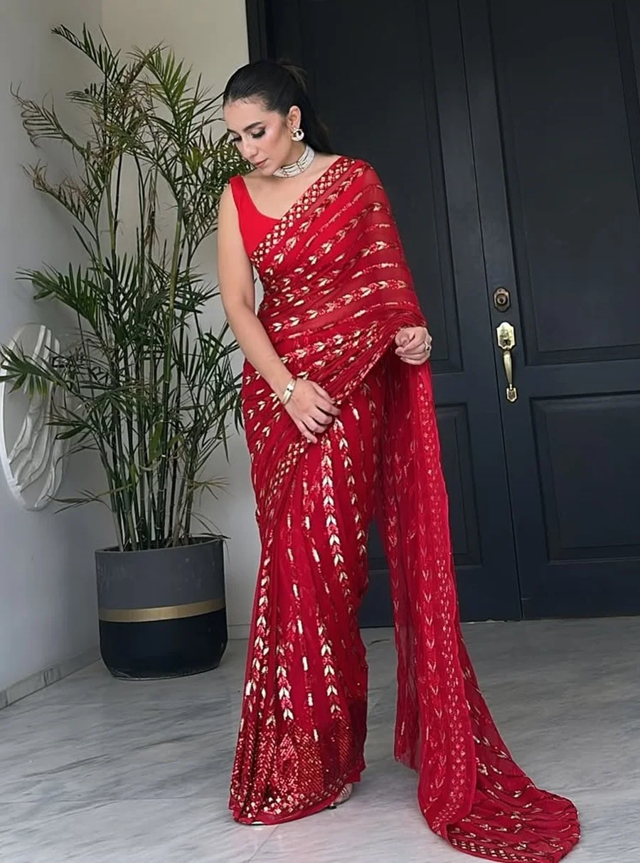 FASHIONABLE GEORGETTE EMBROIDERY SEQUENCE WORK SAREE WITH UNSTITCHED BLOUSE PARTY WEAR WHOLESALE PRICE ETHNIC GARMENT (3)