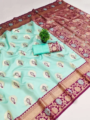 LATEST BANARASI SILK FLOWERS AND MINA & ZARI WEAVING RICH PALLU WITH UNIQUE BORDER WORK SAREE WITH UNSTITCHED BLOUSE RAMA