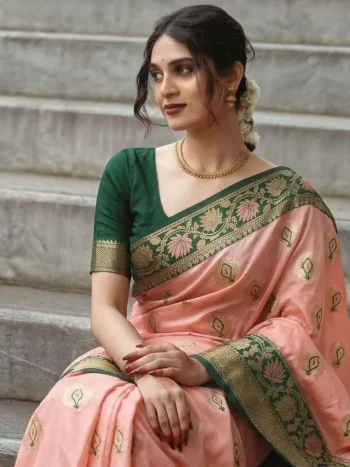 LATEST BANARASI SILK FLOWERS AND MINA & ZARI WEAVING RICH PALLU WITH UNIQUE BORDER WORK SAREE WITH UNSTITCHED BLOUSE PEACH