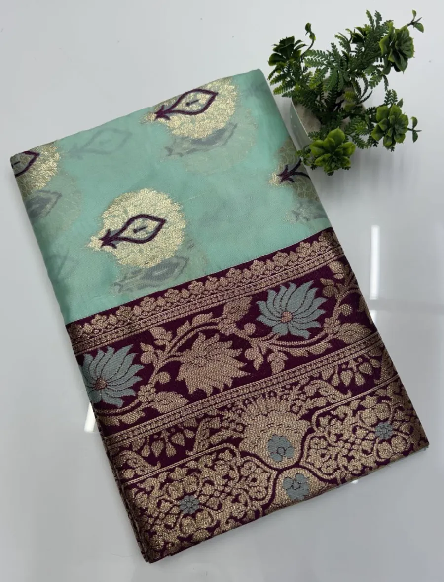 LATEST BANARASI SILK FLOWERS AND MINA & ZARI WEAVING RICH PALLU WITH UNIQUE BORDER WORK SAREE WITH UNSTITCHED BLOUSE FESTIVE WEAR WHOLESALE PRICE ETHNIC GARMENT (9)