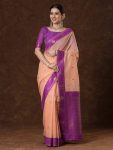 LATEST BANARASI SILK WEAVING WORK SAREE WITH UNSTITCHED BLOUSE PURPLE AND PEACH