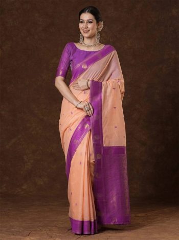 LATEST BANARASI SILK WEAVING WORK SAREE WITH UNSTITCHED BLOUSE PURPLE AND PEACH