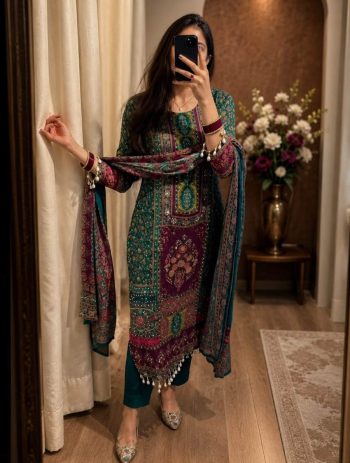 LATEST CHINON SILK DIGITAL PRINT WITH REAL MIRROR WORK TOP BOTTOM WITH DUPATTA GREEN