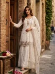 LATEST CRUNCHY SILK THREAD WITH  SEQUENCE WORK TOP PALAZZO WITH DUPATTA WHITE