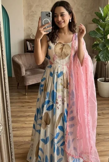 LATEST DOLA SILK DIGITAL PRINT WORK GOWN WITH DUPATTA BLUE AND CREAM