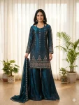 LATEST FENDY SATIN EMBROIDERY BEADS WORK WITH FANCY LACE WORK TOP PALAZZO WITH DUPATTA TEAL