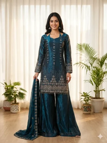 LATEST FENDY SATIN EMBROIDERY BEADS WORK WITH FANCY LACE WORK TOP PALAZZO WITH DUPATTA TEAL