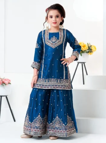 LATEST FENDY SILK EMBROIDERY SEQUENCE WORK KID'S TOP PALAZZO WITH DUPATTA BLUE