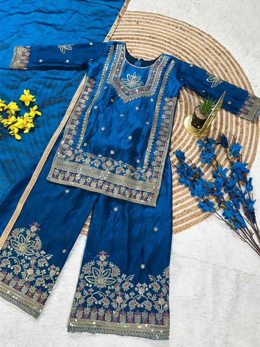 LATEST FENDY SILK EMBROIDERY SEQUENCE WORK KID'S TOP PALAZZO WITH DUPATTA FESTIVE WEAR WHOLESALE PRICE ETHNIC GARMENT (4)
