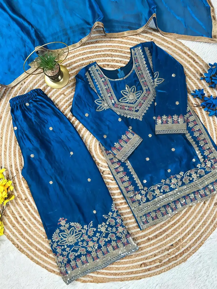 LATEST FENDY SILK EMBROIDERY SEQUENCE WORK KID'S TOP PALAZZO WITH DUPATTA FESTIVE WEAR WHOLESALE PRICE ETHNIC GARMENT (9)