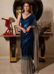 LATEST GEORGETTE EMBROIDERY SEQUANCE WORK WITH LACE WORK SAREE WITH UNSTITCHED BLOUSE NAVY BLUE