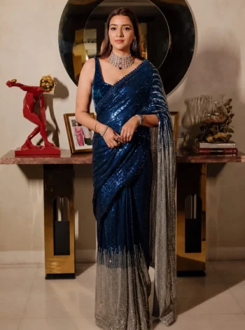 LATEST GEORGETTE EMBROIDERY SEQUANCE WORK WITH LACE WORK SAREE WITH UNSTITCHED BLOUSE NAVY BLUE