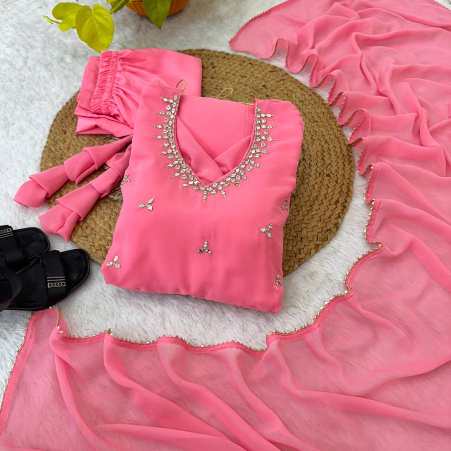 LATEST GEORGETTE HAND EMBROIDERY, REAL MIRROR KASAB JARI WORK GOWN BOTTOM WITH DUPATTA FESTIVE WEAR WHOLESALE PRICE ETHNIC GARMENT (23)
