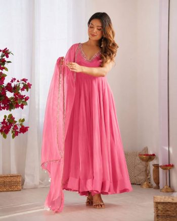 LATEST GEORGETTE HAND  EMBROIDERY, REAL MIRROR KASAB JARI WORK GOWN BOTTOM WITH DUPATTA BABY PINK
