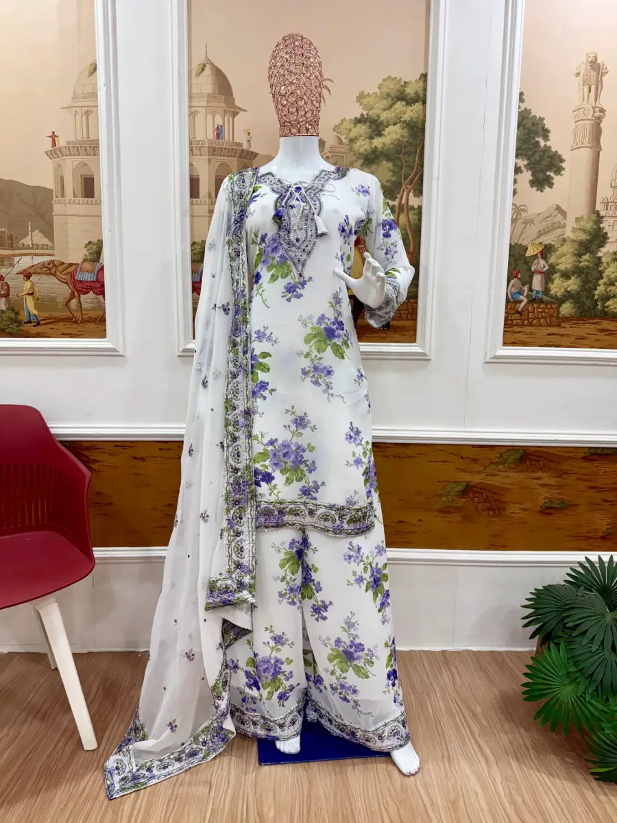 LATEST GEORGETTE PRINTED WITH EMBROIDERY NECK WORK WITH FANCY LACE & DORI WORK TOP PALAZZO WITH DUPATTA FESTVE WEAR WHOLESALE PRICE ETHNIC GARMENT (11)