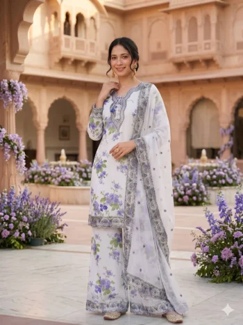 LATEST GEORGETTE PRINTED WITH EMBROIDERY NECK WORK WITH FANCY LACE & DORI WORK TOP PALAZZO WITH DUPATTA WHITE AND PURPLE